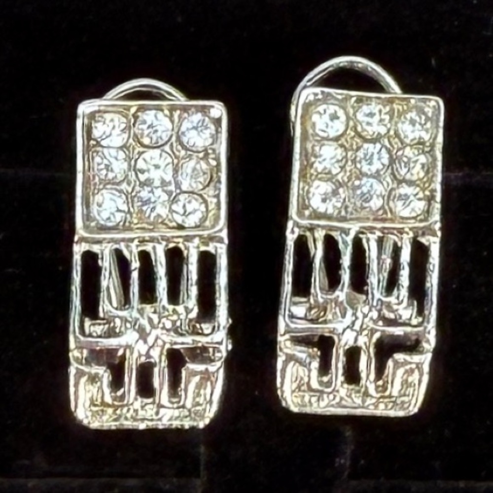 Silvertone Rectangular Bling Omega Back Pierced E… - image 1